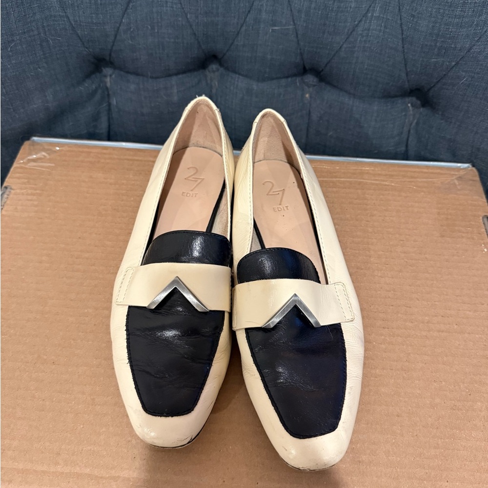 27 EDIT Black and Cream Leather Loafers 8.5